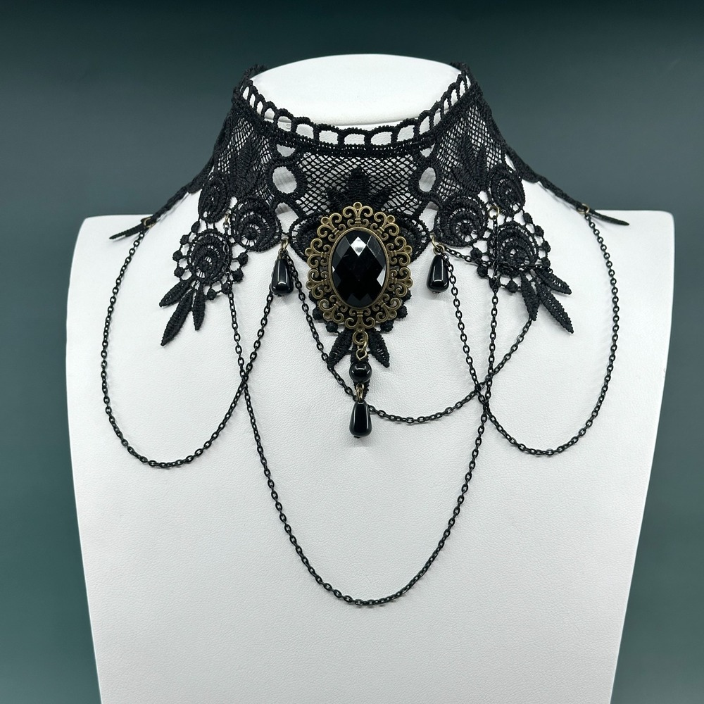 Black Lace Gothic Choker Necklace Oval Gem Filigree Draped Chains Victorian